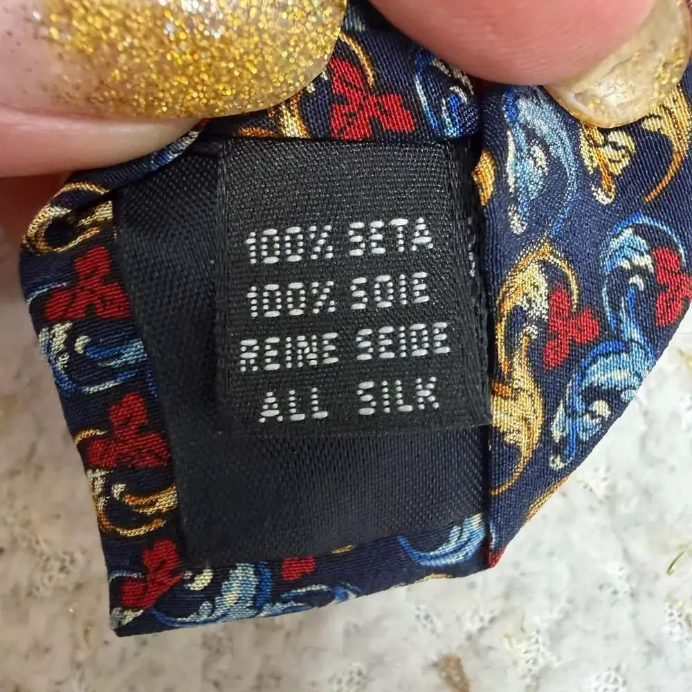 Maurizio Serri for Lydia Keys 100  Silk Tie Blue Red Gold Scroll Pattern Italy